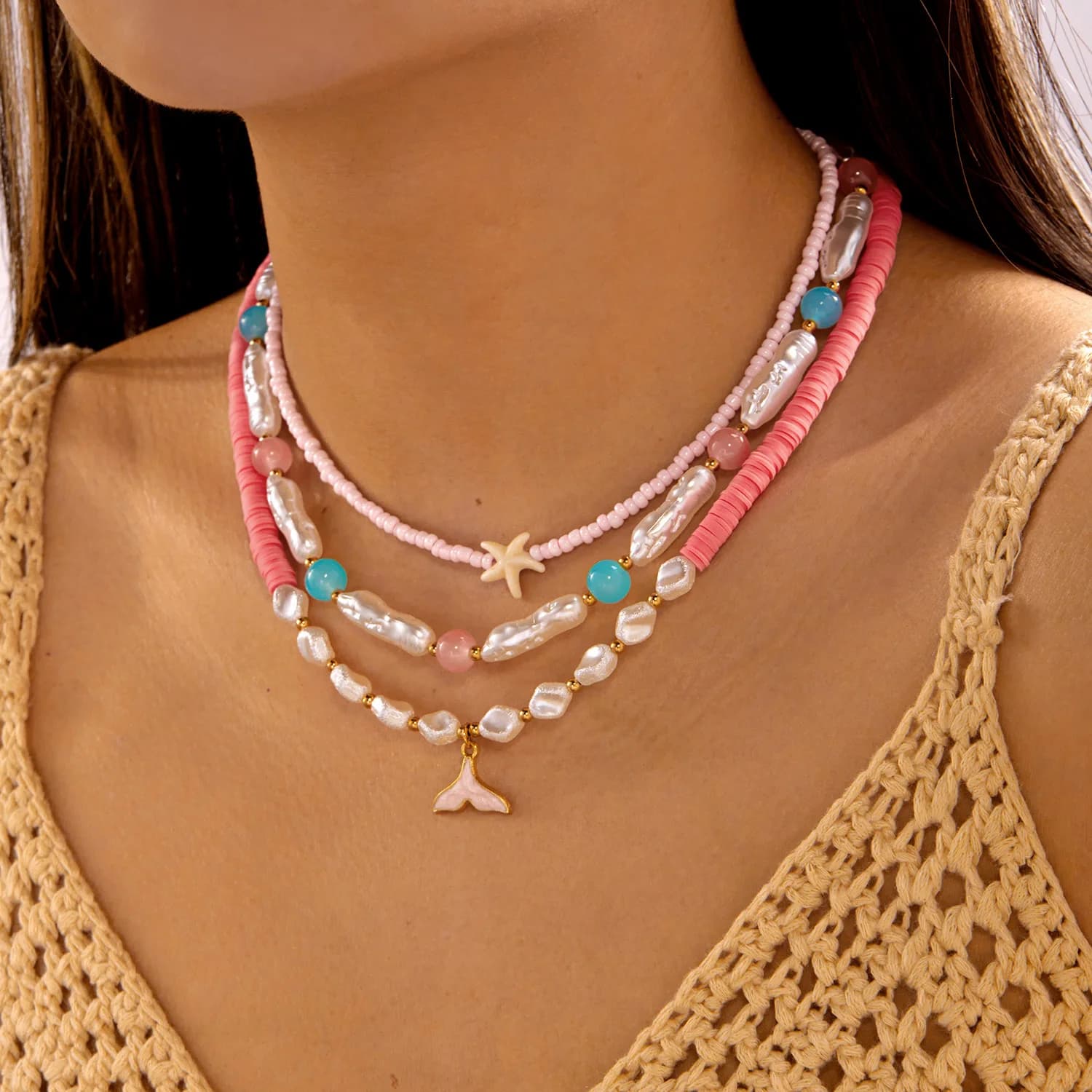 Bohemian Multilayer Pink Starfish Fishtail Pendant Necklace Clay Beads Imitation Pearl Choker Beach Vacation Jewelry For Women