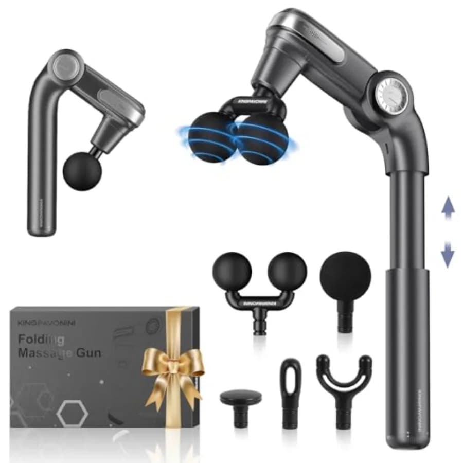 Foldable Massage Gun with Double Head Ball, Adjustable Extensible Handle, Hand Massage Manual for Back and Fabrics Backgrounds to Relieve Pain