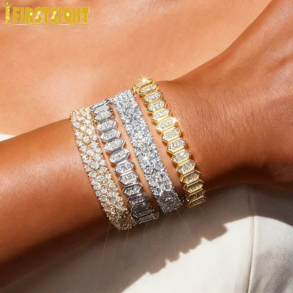Nuovo braccialetto a doppia catena da tennis elasticizzato geometrico ghiacciato bling CZ braccialetto di dimensioni regolate per gioielli di moda da donna