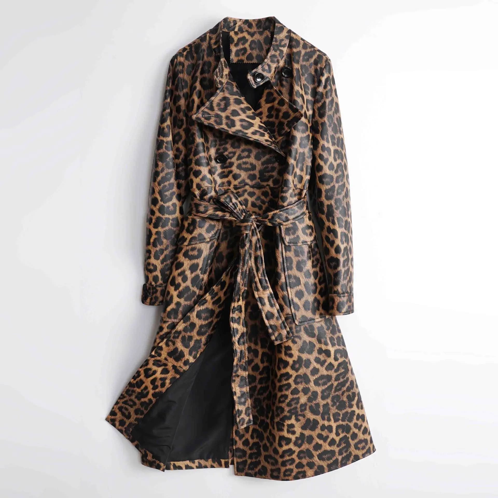 100% Genuine Leather Long Trench Coat for Women Fashion Leopard Lace-up Belt Ladies Luxury First Layer Sheepskin Trench Outwear