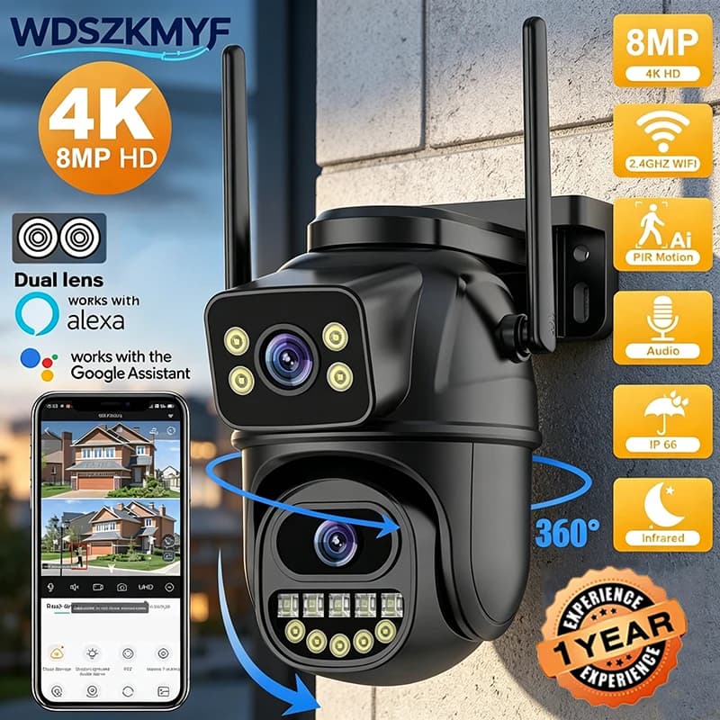 Telecamera di Sicurezza IP PTZ 4K con Doppia Lente, Connessione WiFi, 8MP, Impermeabile IP66, Zoom Digitale 6X, Tracciamento Automatico AI