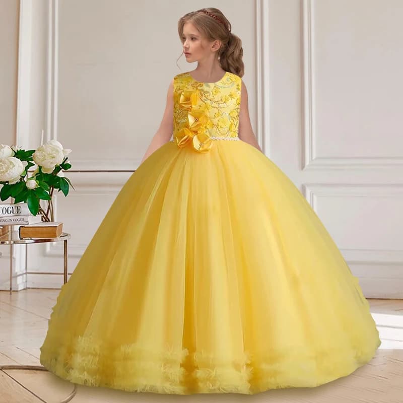 Vestito da sera pomposo per la festa di compleanno della comunione formale dei bambini del fiore luminoso senza maniche della festa di paillettes delle ragazze