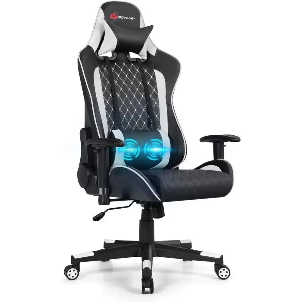 Poltrona da Gaming Ergonomica Regolabile con Supporto Lombare e Cuscino Ampio per Adulti, Bianca
