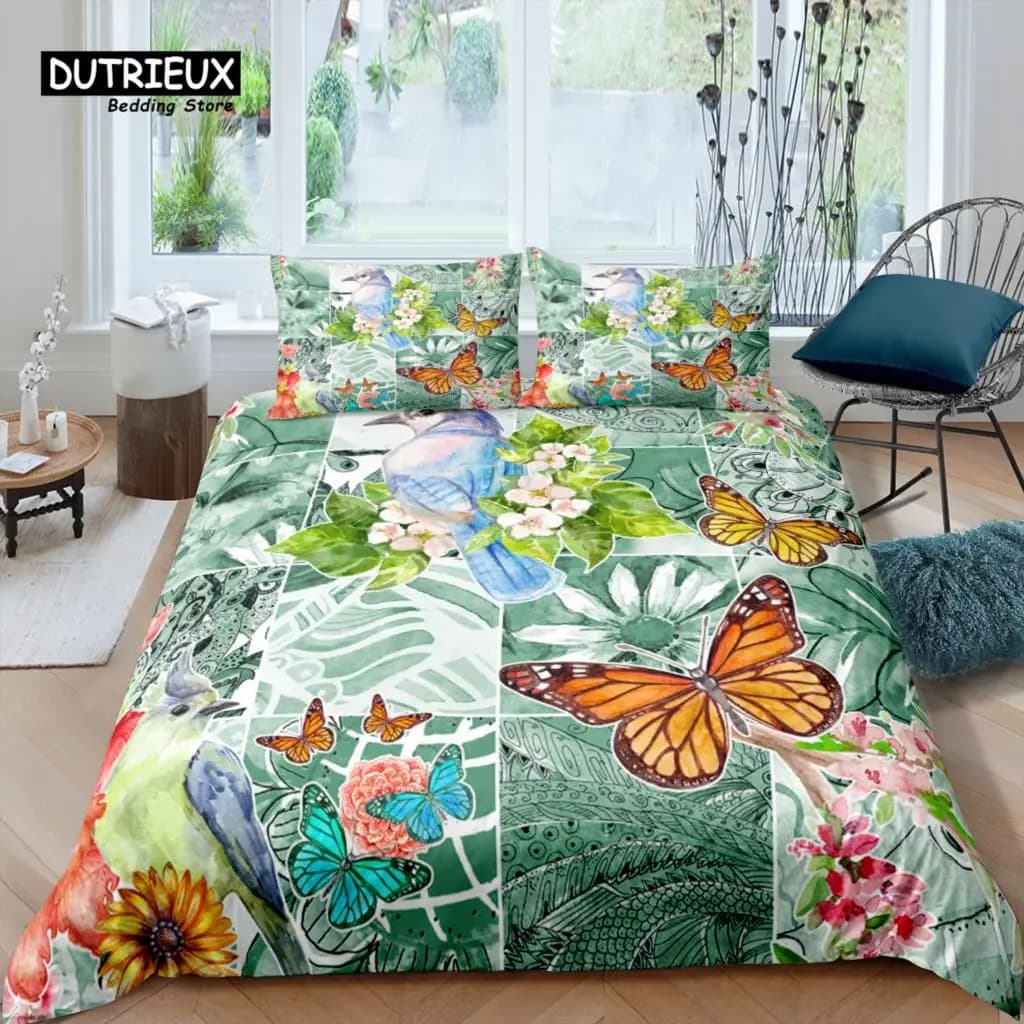Home Living Set di biancheria da letto di lusso con fiori 3D per uccelli Farfalla Copripiumino Federa Queen e King Biancheria da letto consolatore dimensioni EU/US/AU/UK