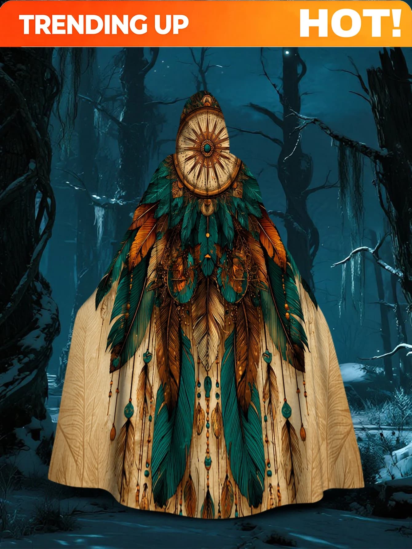 Customization 1pc 's Boho Feather Dreamcatcher Cloak Costume - Hooded Cape With Feather Print, 100% Polyester All-Season