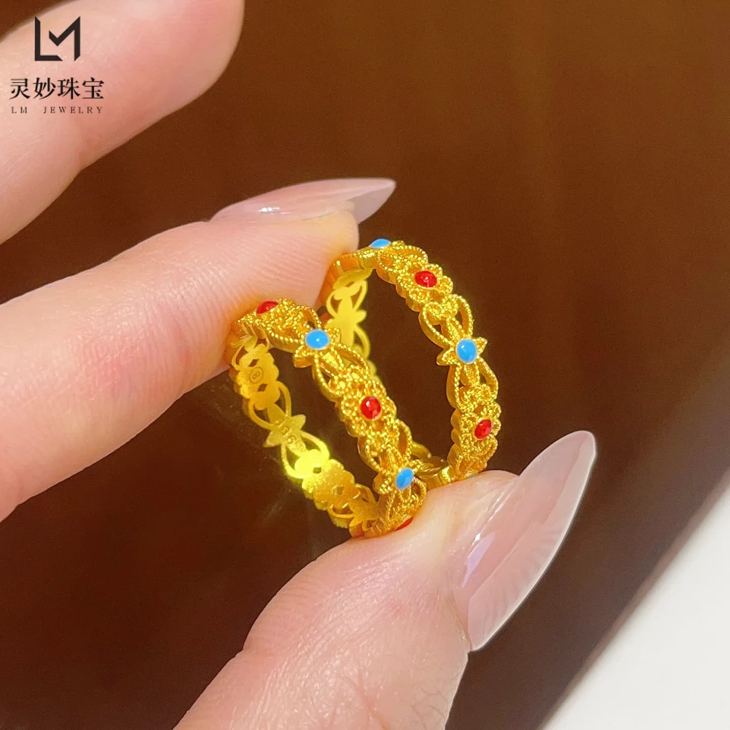 Anello in filigrana smaltata da donna in oro 24 carati AU999 - Anello smaltato in oro premium, tendenza cinese di lusso leggero per lo shopping e le riunioni