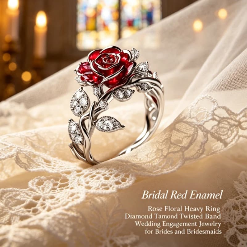 1pc Vintage Red Ruby Rose Flower Ring Silver Plated Twisted Vine Diamond Leaf Band Luxury Floral Statement Jewelry Wedding Party Cocktail Ring Gift for Women Girls