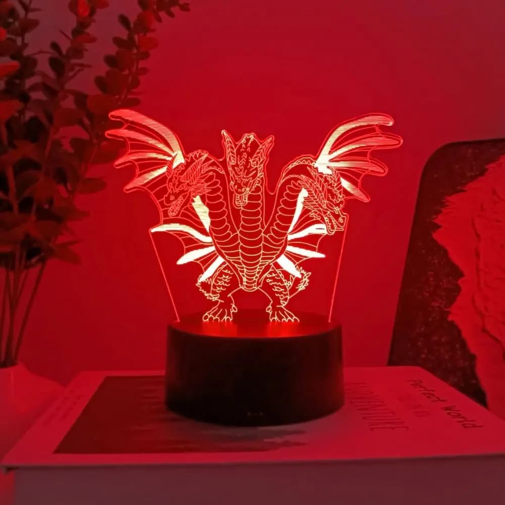 Three-Headed Dragon 3D Illusion RGB Night Light, King Ghidorah LED Desk Lamp, Fantasy Monster Decor Birthday Gift for Dragon Fan