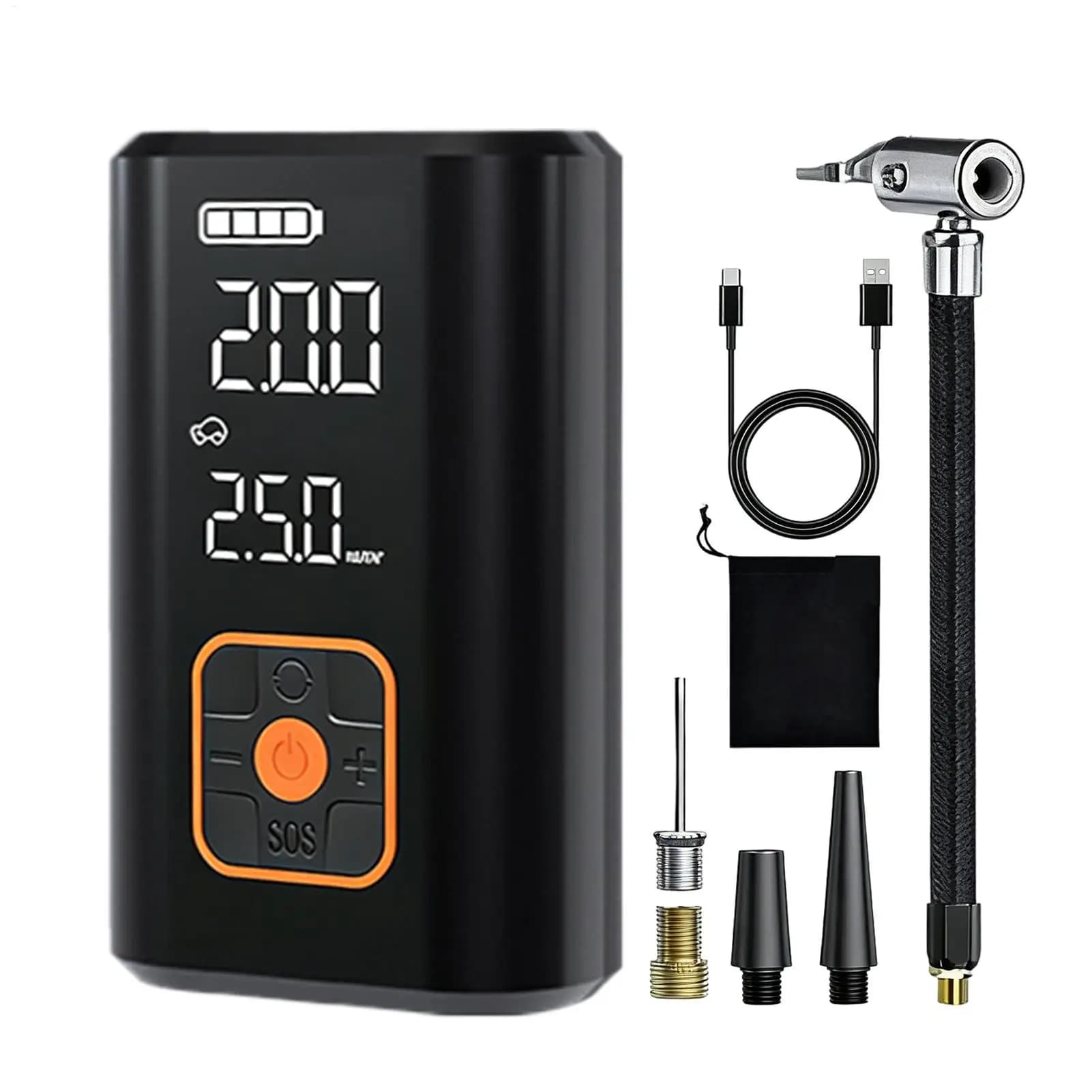 Gonfiatore per pneumatici auto senza fili con display digitale e luce LED, alimentato a batteria, per camion, bici e moto