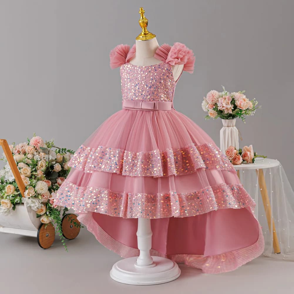 Abito da principessa con fiocco di perle da ragazza 2026 Abito casual stampato di nuova moda Abito elegante da spettacolo per ospite di compleanno di carnevale