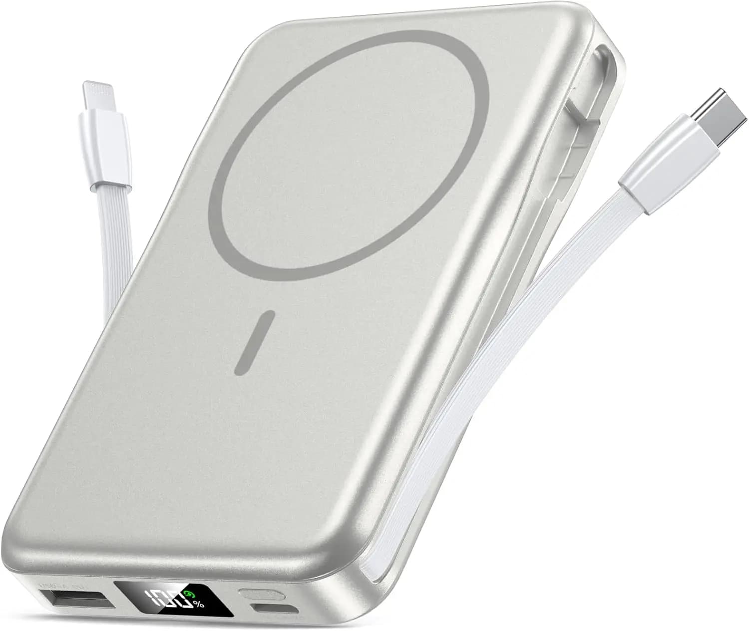 Power Bank Magnetico da 10000mAh, Ricarica Rapida 20W, Cavo Integrato, 5-in-1, Display LED, Compatibile con iPhone 16/15/14/13/12 Pro/Max