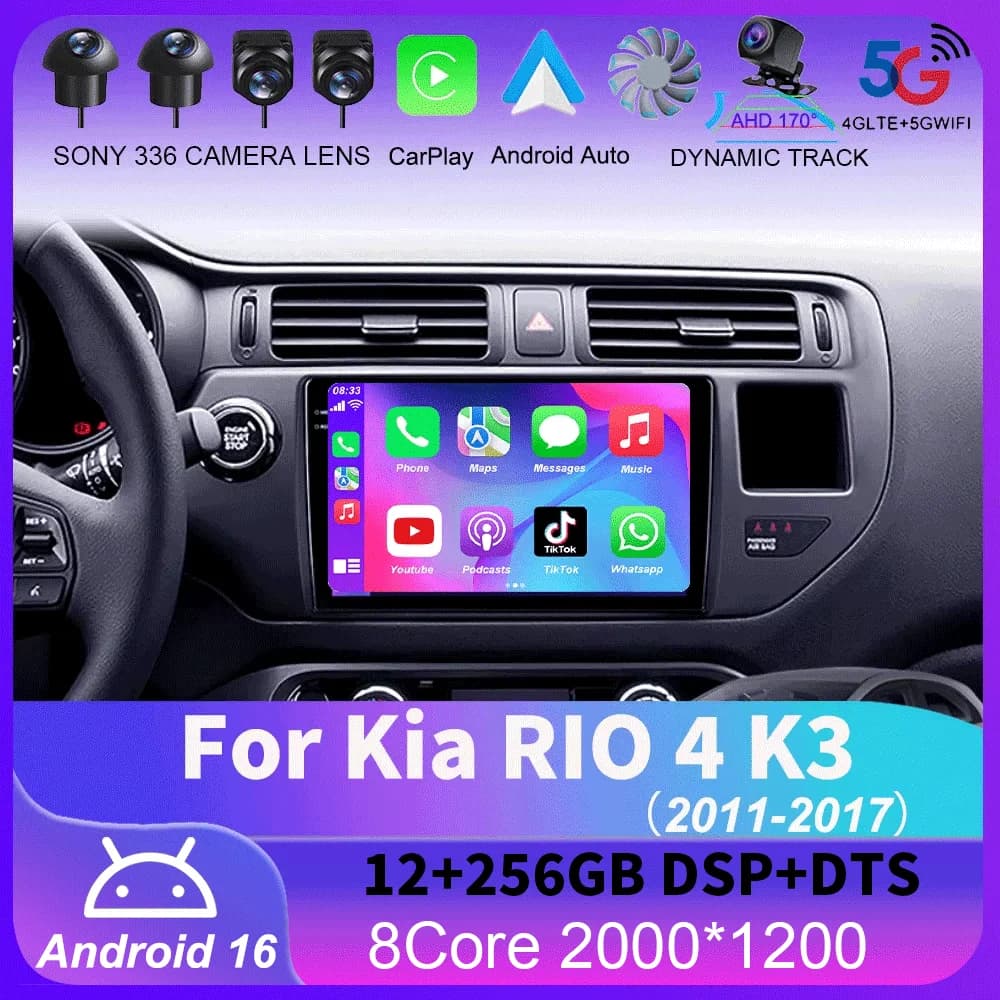 Autoradio Android 16 con Carplay per Kia RIO 4 K3 2011-2017, Lettore Multimediale con Navigazione GPS, No 2Din