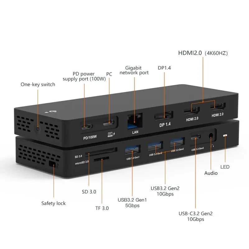 USB C Hub MST Displayport Dual HDTV 4K 60Hz Triple Display Type C Adapter Hub 13 Ports 13 In 1 Type C Docking Station