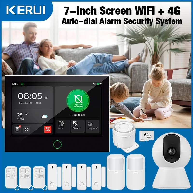 KERUI NUOVO Allarme domestico wireless 4G + WiFi con ampio touch screen IPS da 7 pollici Sistema di allarme intelligente Tuya con sensore di movimento per la casa