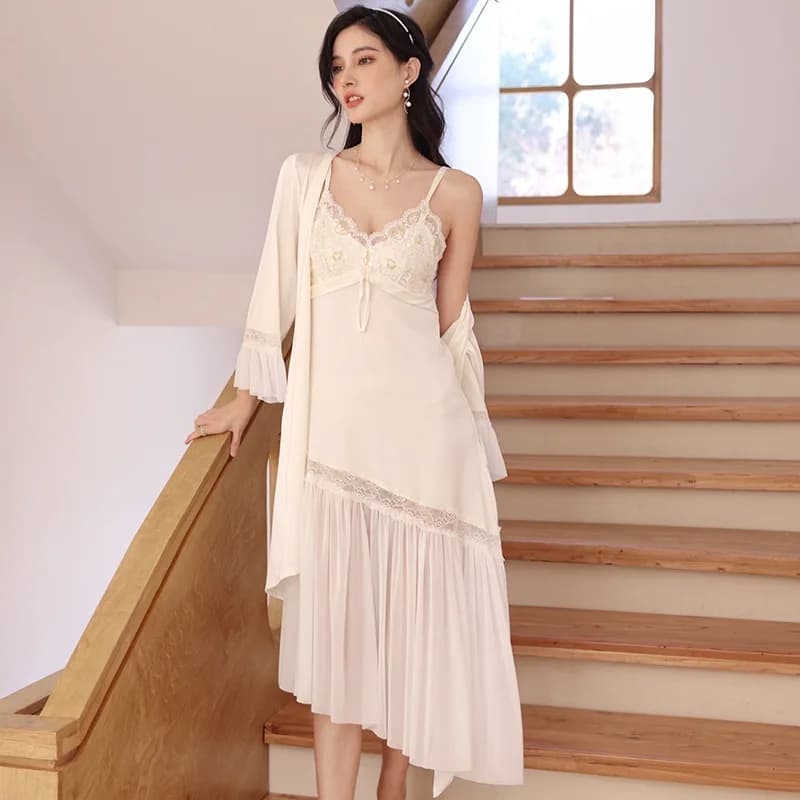 Abito da notte sexy in pizzo Set estivo Nuova stampa Indumenti da notte Kimono Accappatoio Camicia da notte Abito da donna Casual in raso di seta Abito da casa Pigiama
