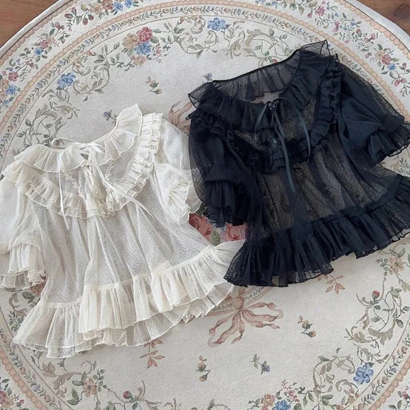 Lolita Sweet Patchwork Lace Shirt Japanese Aesthetic Aesthetic Y2K See through curled shirt Summer Harajuku Grunge Blusas
