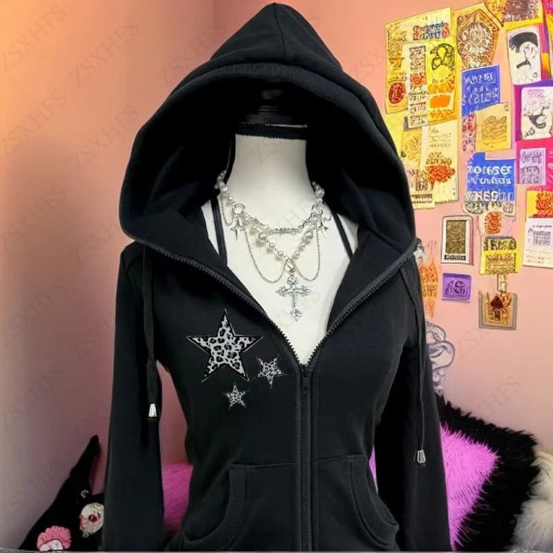 Hoodies Gothic Women Clothes Zip Up Hoodie Star Slim Long Sleeves Tops Winter 90s Vintage Sweatshirt Aesthetic Y2k Jacket Hoody