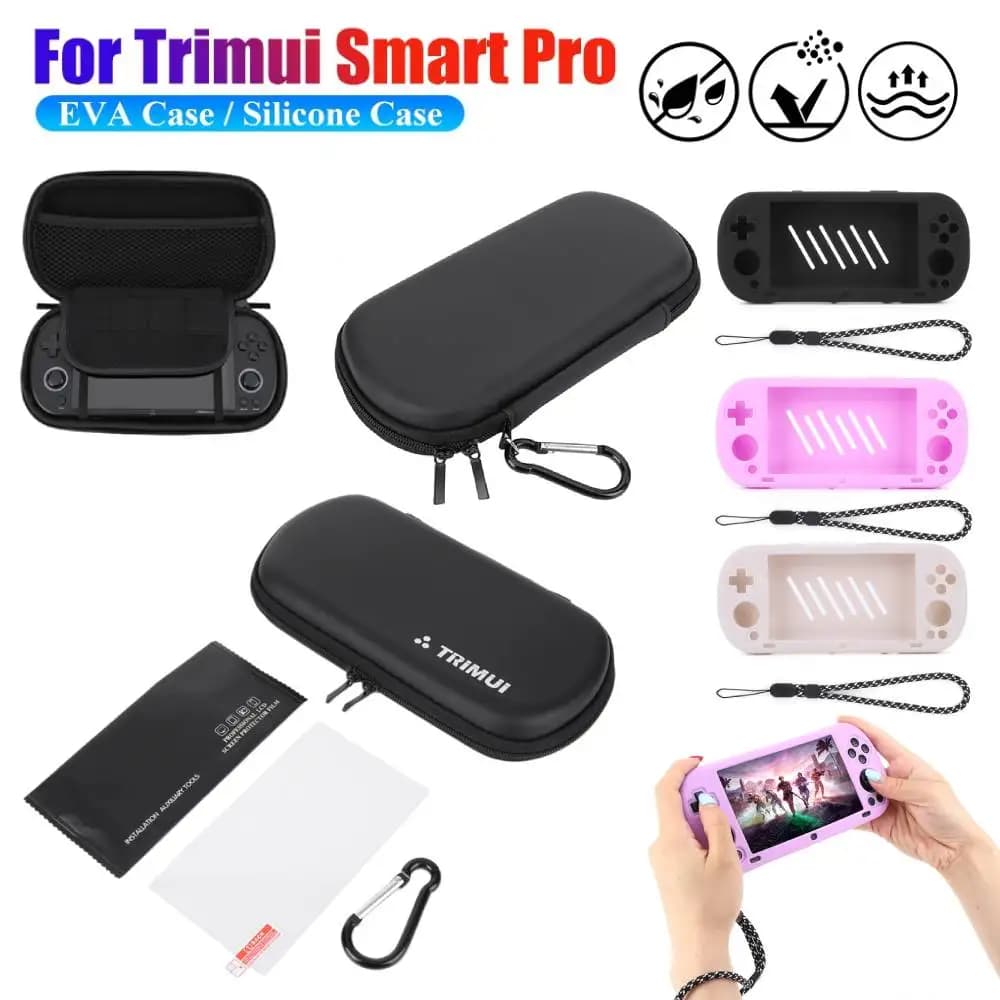 Hard EVA Carrying Case for Trimui Smart Pro Handheld Game Console Silicone Protective Case Storage Bag with Tempered Glass Film