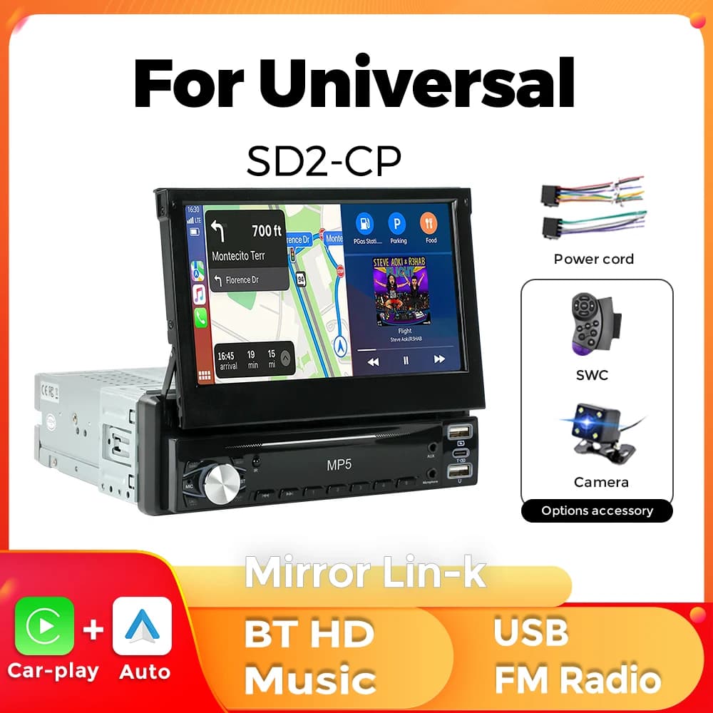 MEKEDE 7inch Retractable Screen 1 Din Car Stereo Radio Wireless Carplay Android Auto MP5 Multimedia Player BT FM SWC Mirrorlink
