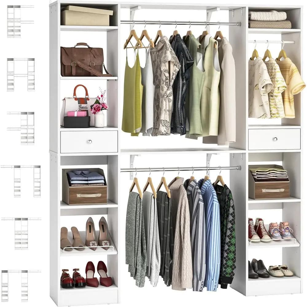 Ampio Organizzatore per Cabina Armadio con 3 Aste Appendiabiti, Scaffali, Cassetti, Scarpiera, Bianco