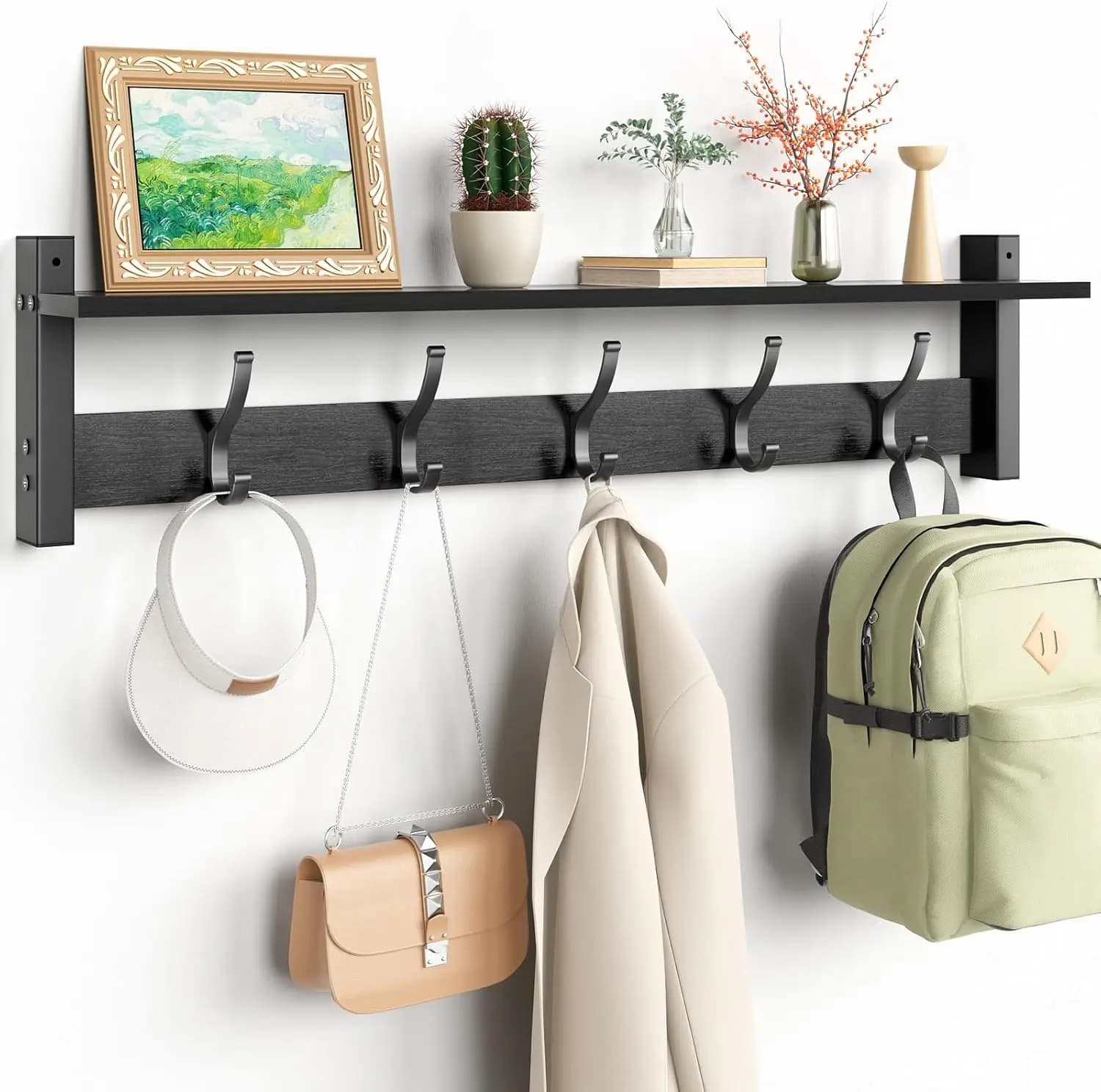 Wall hanger with shelf, Entrance Organizer from 29 Poles with 5 Hooks for Storage (Black)