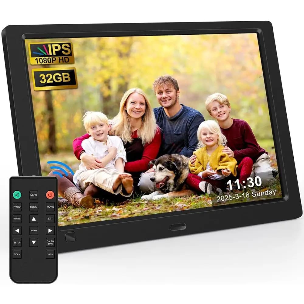 Cornice Digitale con Display IPS Full HD da 10.1 Pollici, Nessuna App Richiesta, Supporta SD/USB, Telecomando e Sensore di Movimento, Riproduce Foto, Video, Musica, I
