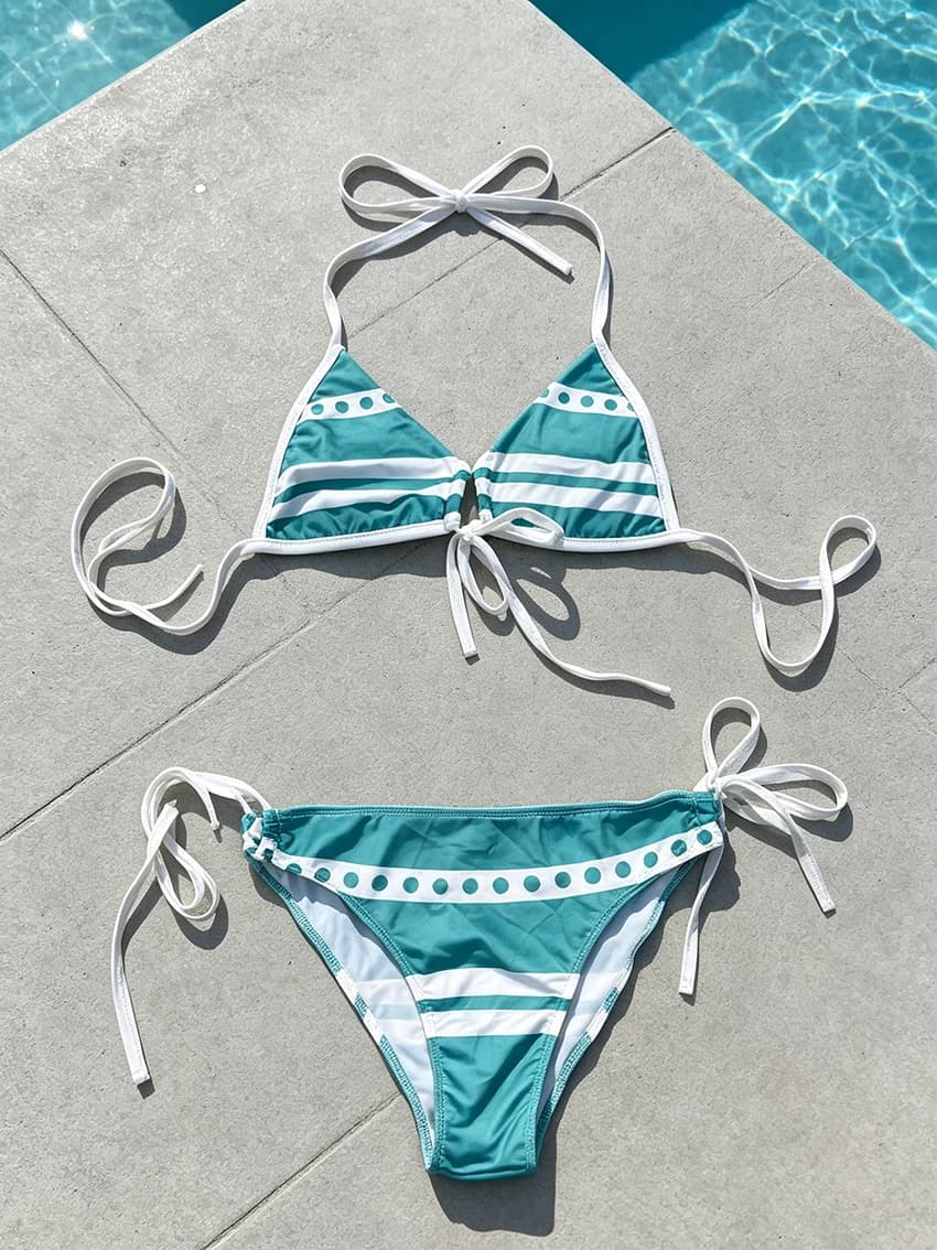 Fashion Lady Halter Bikini Set Striped Polka Dot Pattern Front Tie Triangle Top Adjustable Tie Side Bottom Summer Beach Swimwear
