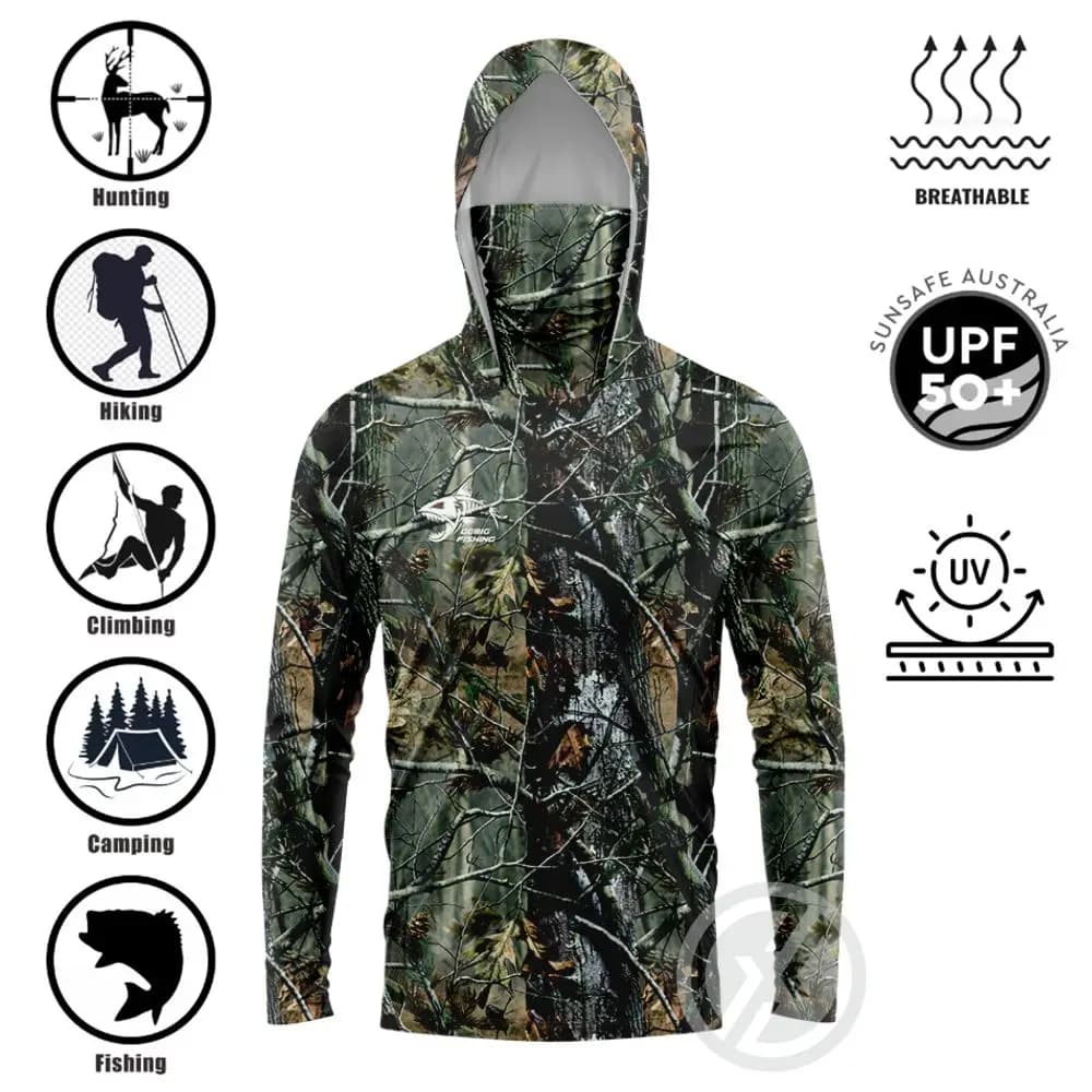 UPF50+ Hooded Fishing Shirt Built‑in Face Gaiter 3D Print Unisex Shark Fish Graphic Quick Dry Anti‑UV Outdoor Fishing Hoodie