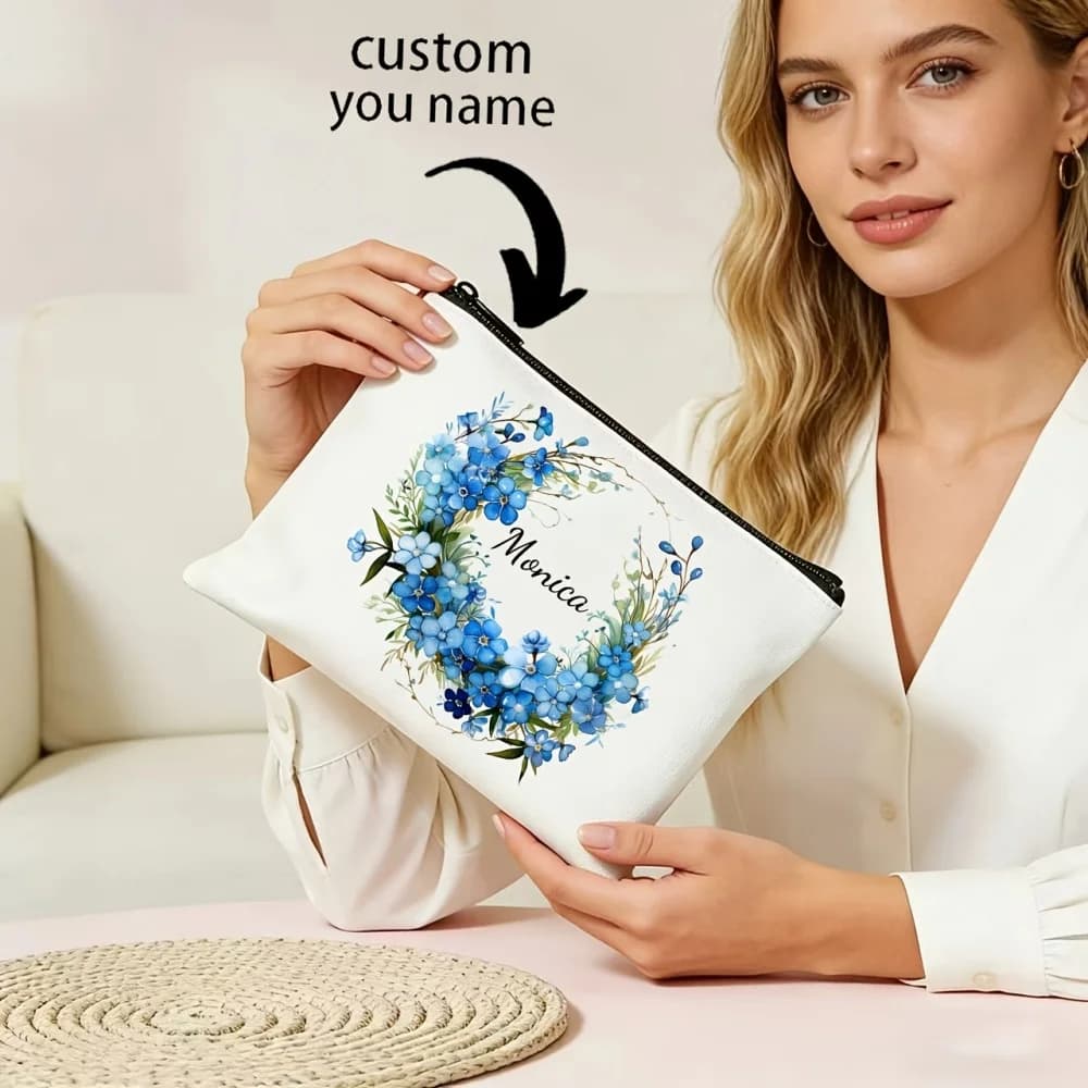 Personalized Custom Name Makeup Pouch, Blue Floral Zipper Cosmetic Bag Portable Travel Toiletry Storage Pouch Gift