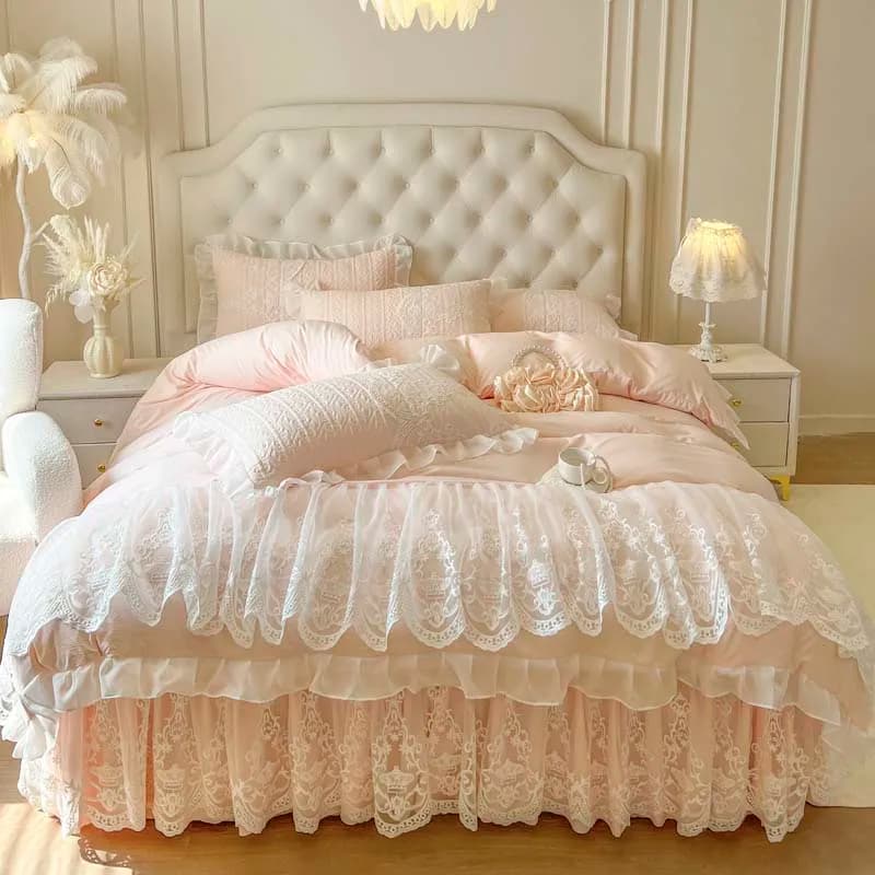 Set Biancheria da Letto 4/6 Pezzi Stile Coreano Ricamo in Pizzo Rosa Principessa per Matrimonio, Copripiumino, Copriletto, Federe, Misura King Queen