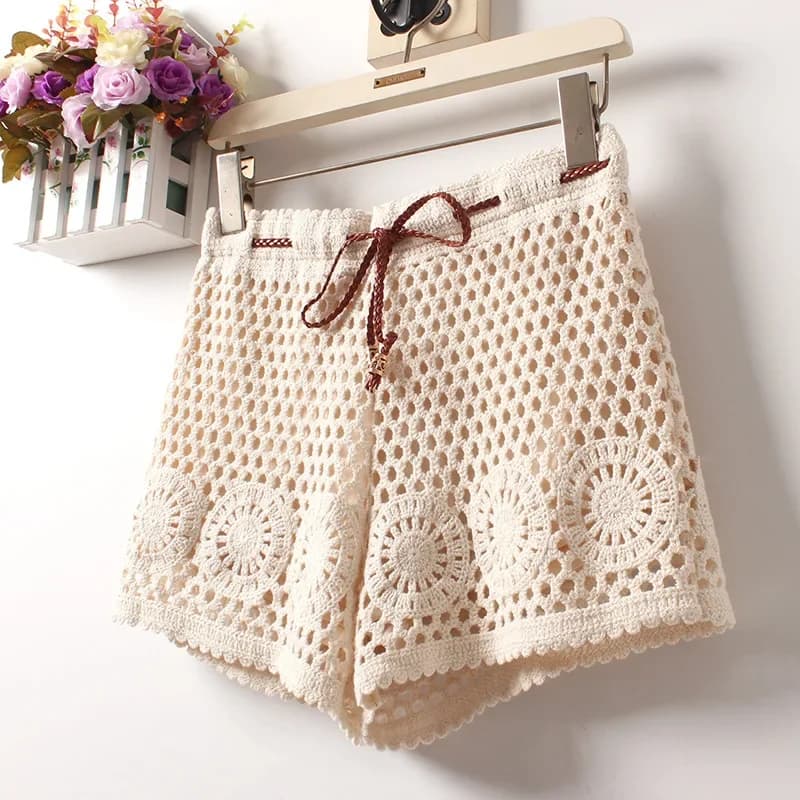 Female Summer Beach Cottage Cotton Yarn Crochet Hook Eyelet Shorts Women Bohemian Boho Gypsy Ethnic Tribal Hippie Ibiza Short