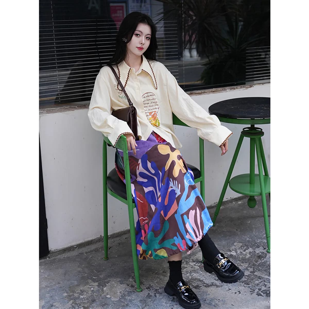 Van Gogh-Inspired Retro Print Blouse & Midi Skirt Set for Women