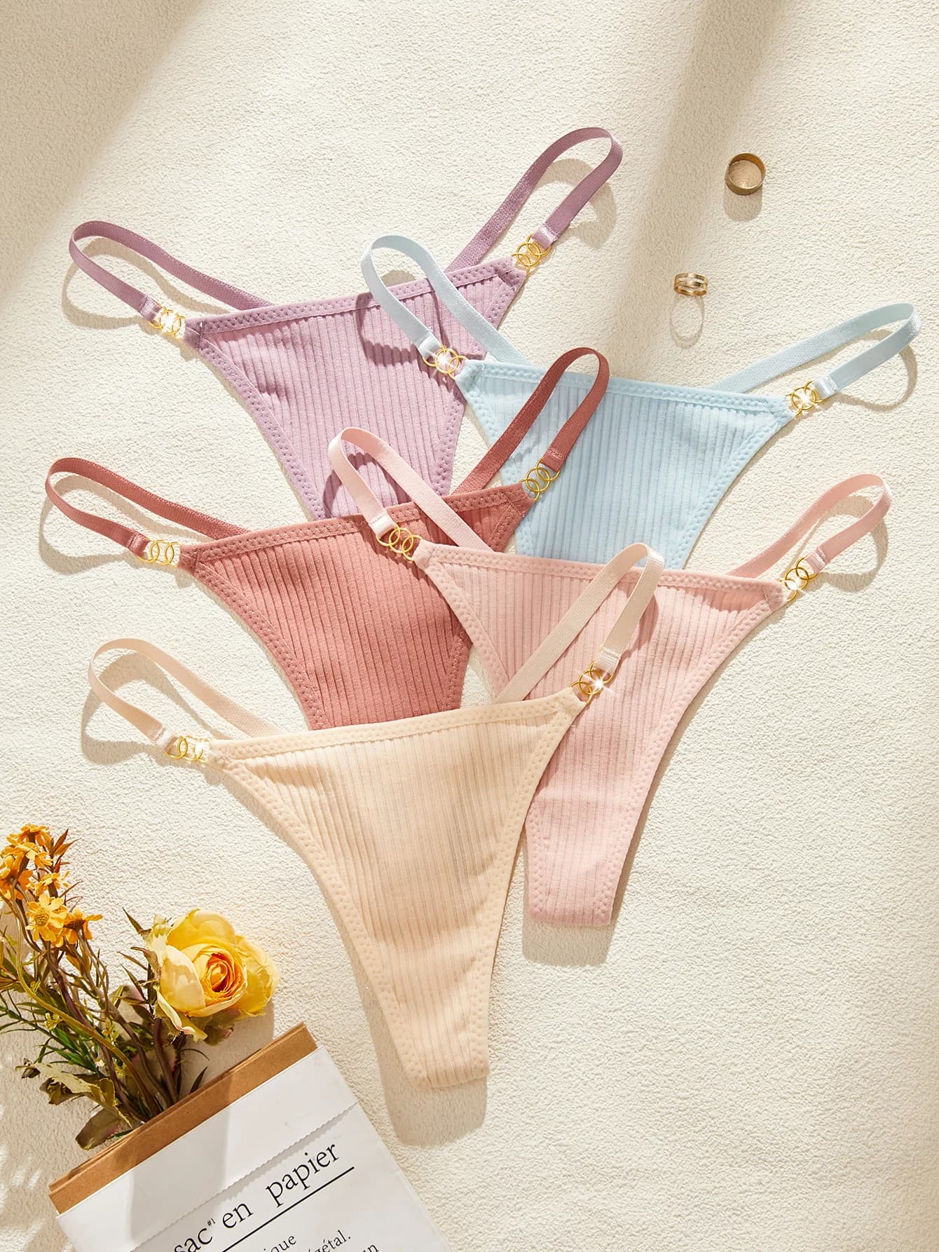5Pcs/Set Solid Women Panties Ribbed Adjustable Sexy Thong Breathable & Comfortable Underwear