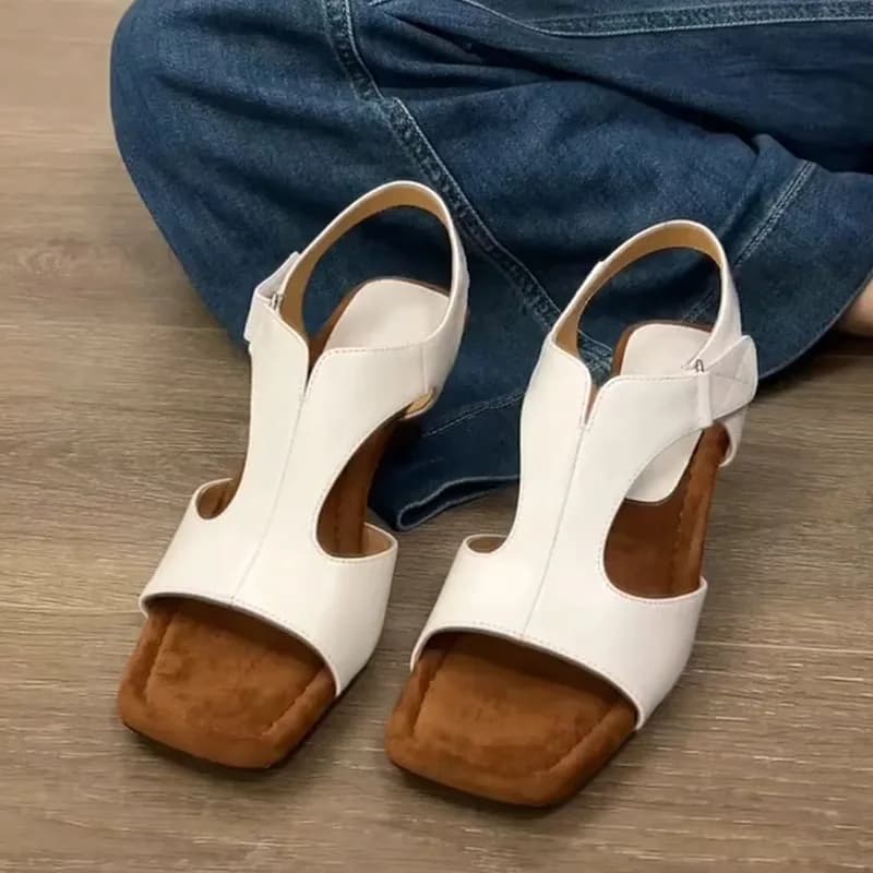 Retro Square Toe Special Shaped High Heels Sandals Women's Peep Toe Velcro Roman Sandals Versatile Daily Pumps Zapatillas Mujer