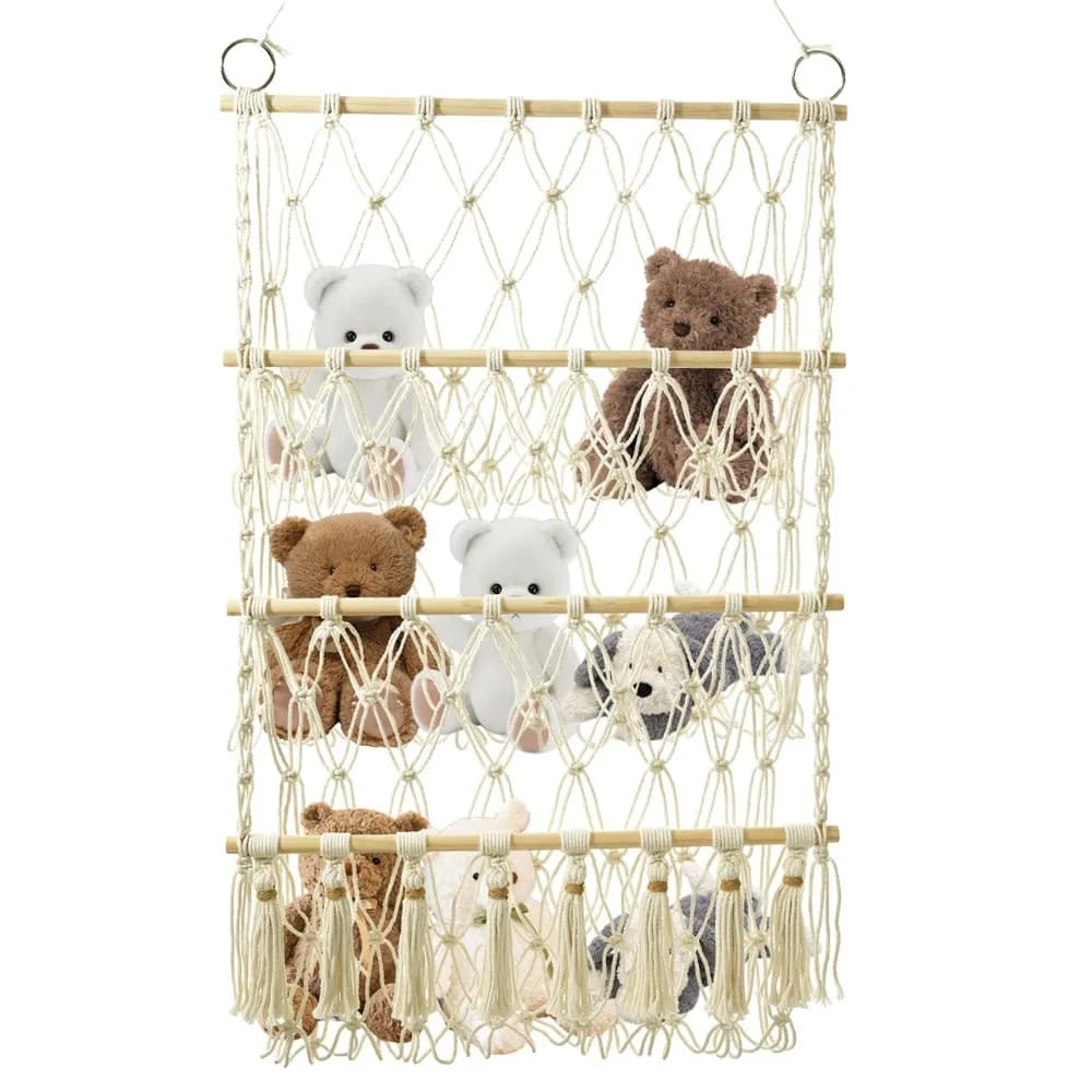 Amaca a rete giocattolo con animali di peluche, corda di cotone intrecciata a mano, decorazione da appendere alla parete, amaca per bambole giocattolo