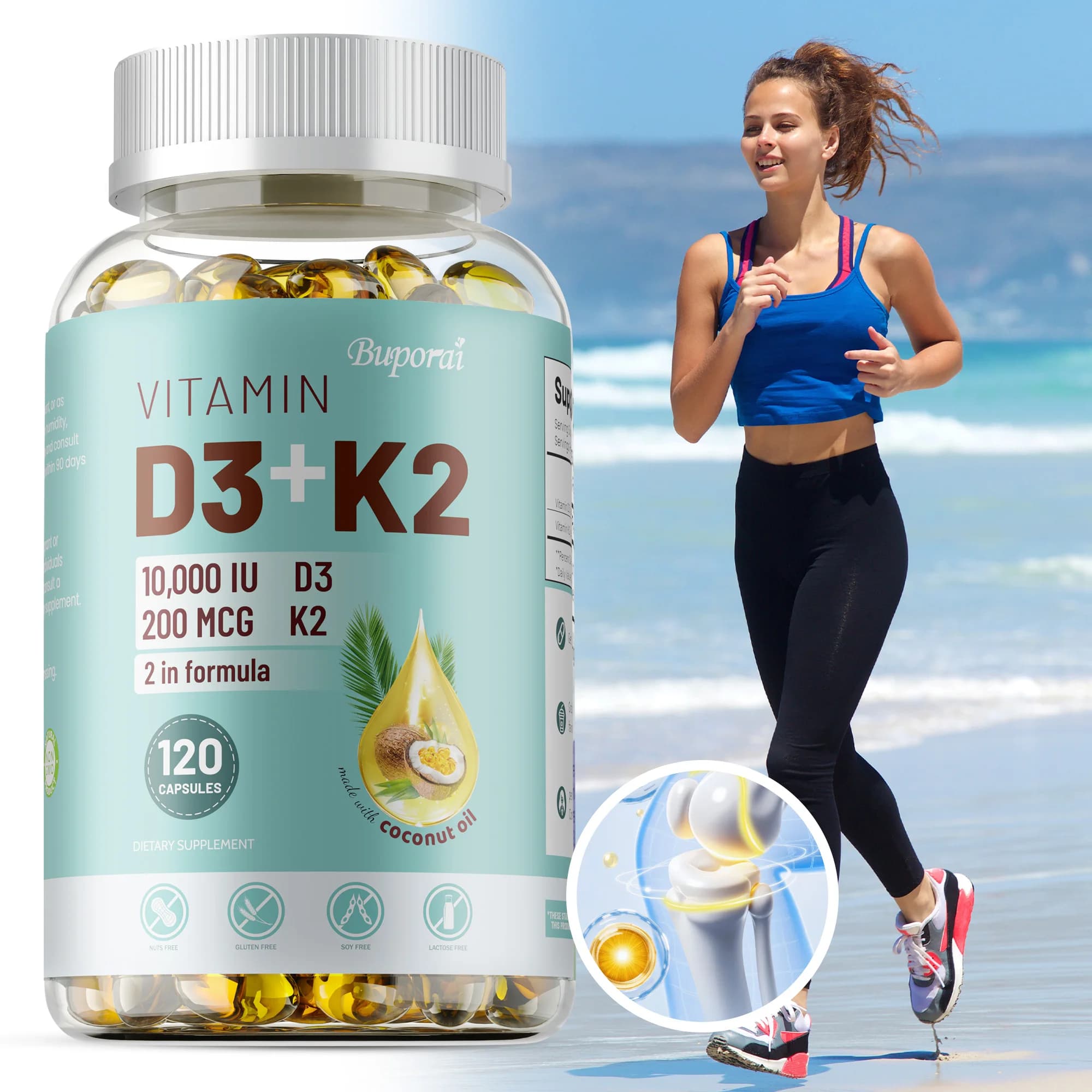 Vitamin D3+K2 supplement: promotes calcium absorption from bones and teeth, improves sleep, improves immunity, heart health and joints