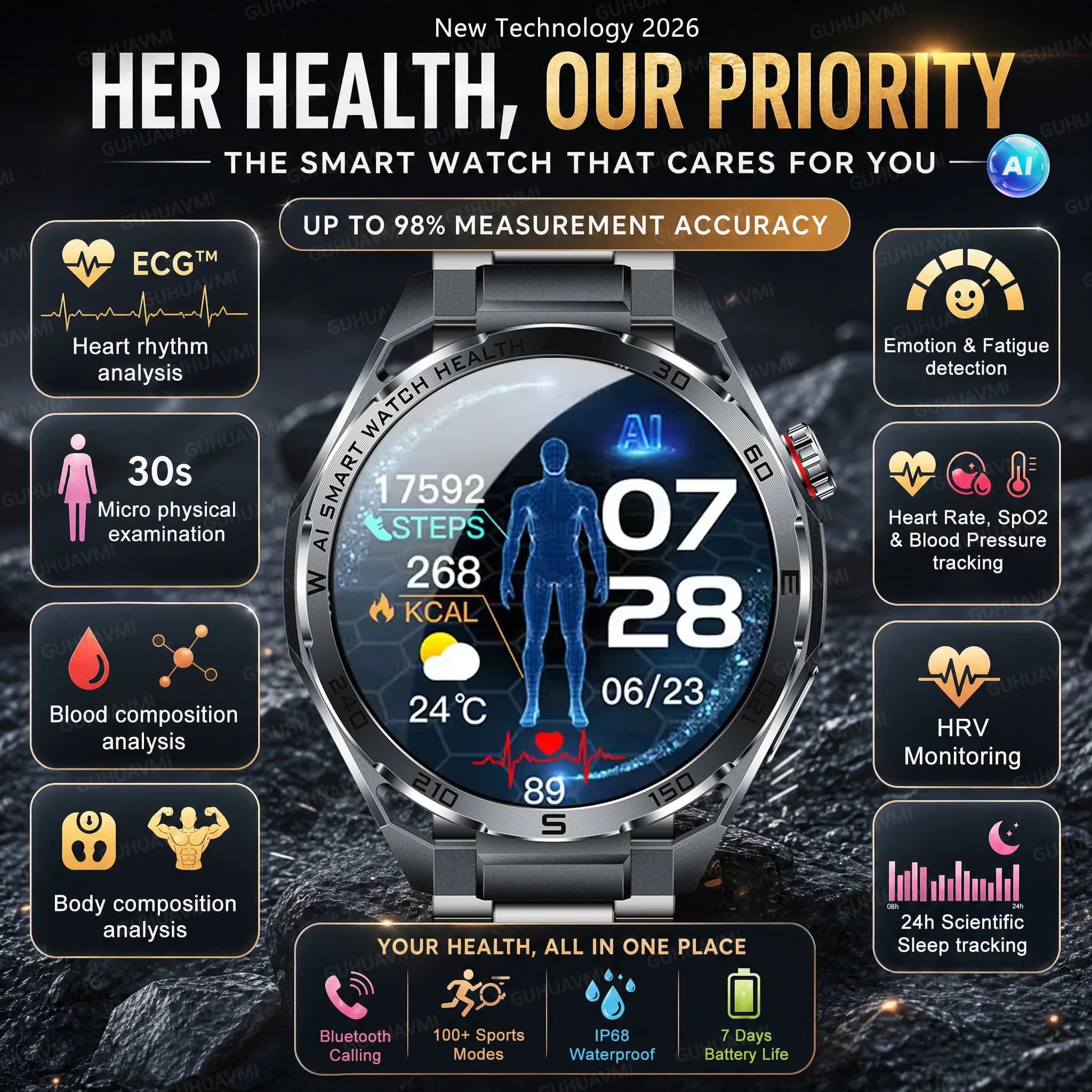 2026New Smart Watch Men ECG+HRV Blood Composition Body Analysis Bluetooth Call Waterproof Health Smartwatch For Android IOS Men