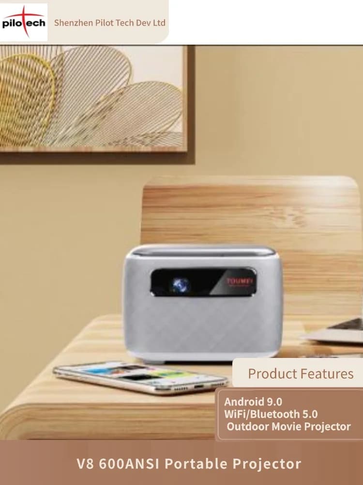 Mini proiettore V8 600Ansi, batteria 15600Mah, Android 9.0, film da campeggio all'aperto