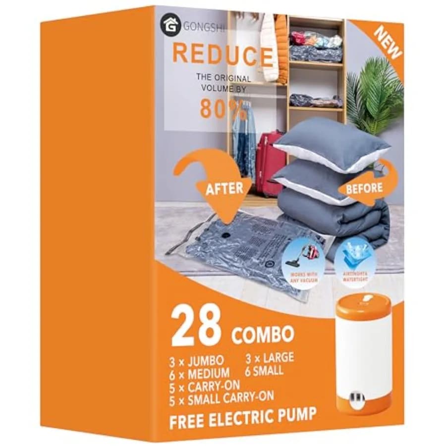 Sacchetti Sottovuoto Salvaspazio per Vestiti, Coperte, Piumoni, Cuscini, Abbigliamento da Viaggio - Set da 28 con Pompa Elettrica