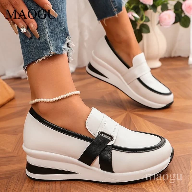 Women's Black-White Slip-On Wedge Loafers Color Block Casual Office Ladies Comfortable Moccasin Shoes 36-43 Zapatos De Mujer