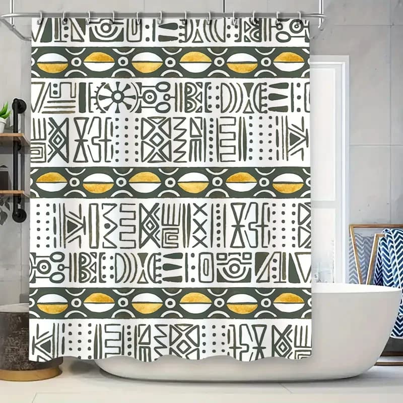 Tenda da doccia moderna geometrica con decorazioni per il bagno con accenti dorati in strisce nere, bianche verde oliva per la cucina domestica o gli ospiti b