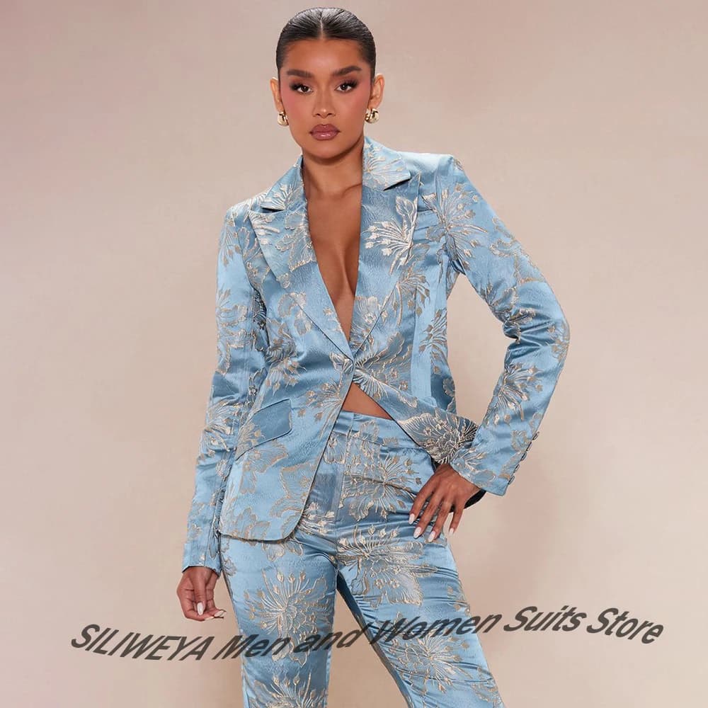 Luxury Women's Light Blue Embossed Satin Suit 2Piece Set Single Button Peaked Lapel Female Blazer Slim Fit Evening Party Wear