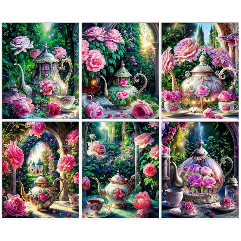 SDOYUNO DIY Painting By Numbers Teapot Acrylic Paint Drawing On Canvas HandPainted Kits Pink Roses Unique Gift Home Decoration