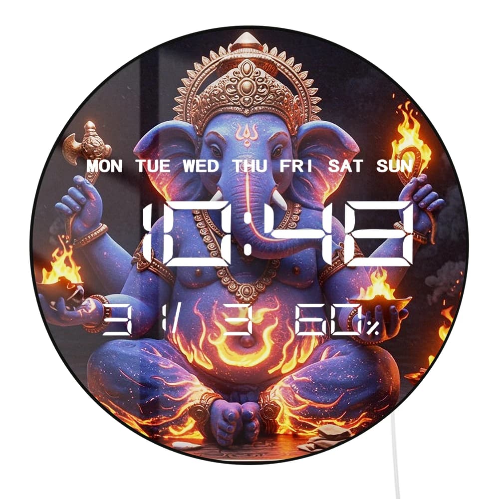 Lord Ganesha con Fire Guardian LED Oscuramento automatico Orologio digitale Timer Orologio da parete elettronico Grande display Calendario Data Temperatura