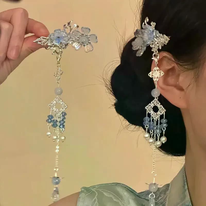 Fermaglio per capelli con nappa a forma di fiore, stile Hanfu cinese, con cristalli e perle, per donna