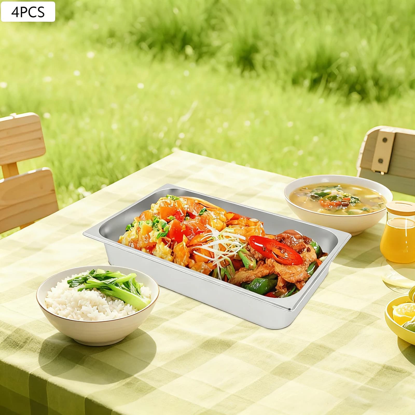 4Pcs Stainless Steel Steam Table Pan Set with Lids, 7.5L Food Pan for Buffet Catering, Commercial Kitchen Food Storage Container