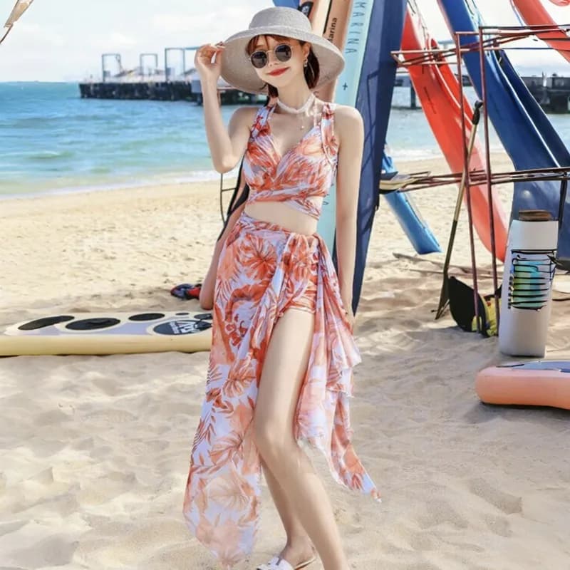 Costume da bagno da donna a tre pezzi, modello bikini, per sorgenti termali, con taglio piatto, alla moda, snellente e anti-UV, stile split, protezione solare