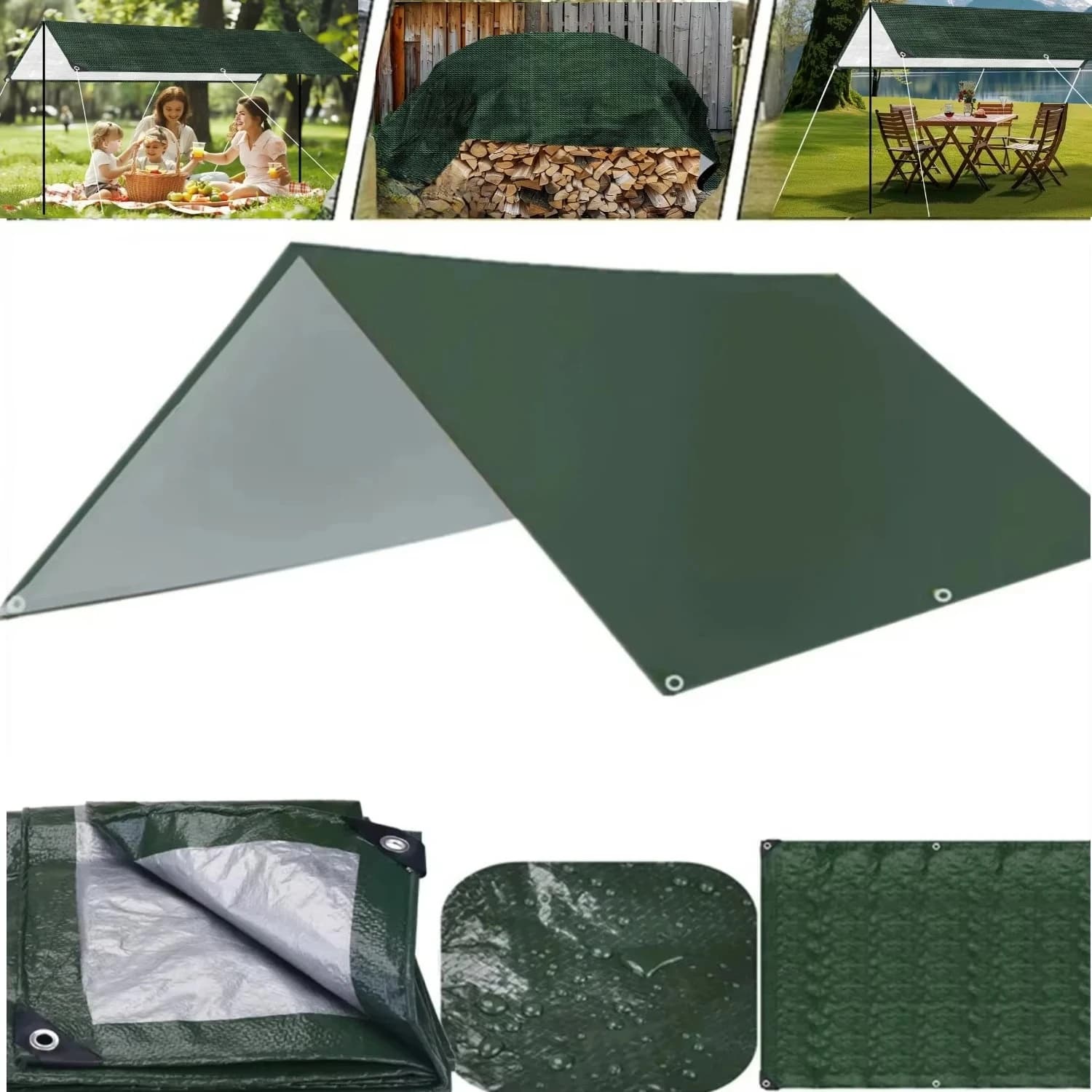 5m/4m/3m/2m Large Waterproof Green Tarp Camping Tent Outdoor Shade Sail Protective Cover Garden Canopy Awning Sun Rain Shelter