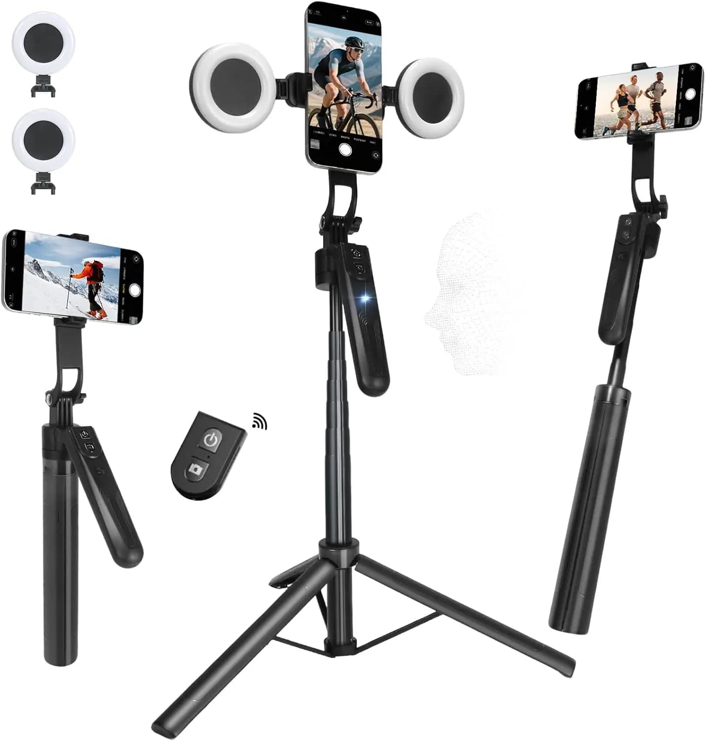 Treppiede con Tracciamento Automatico del Viso per Smartphone, 360° ° Bastone Selfie Girevole con Luci LED, Estensibile per Video e Streaming Live