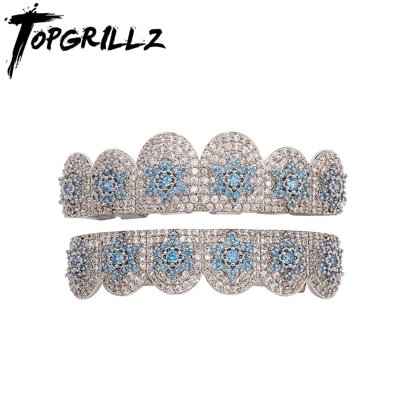 TOPGRILLZ Hot Sale Hip Hop Iced Out Teeth Grillz 6 Top& 6 Bottom Set Blue Cubic Zirconia Star Braces For Halloween Gift
